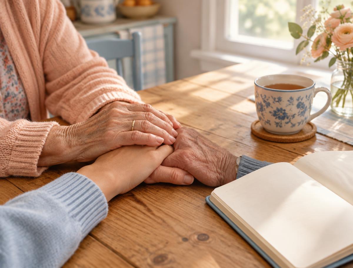 An older person's hands resting over a younger person's hand at a kitchen table beside a cup of tea